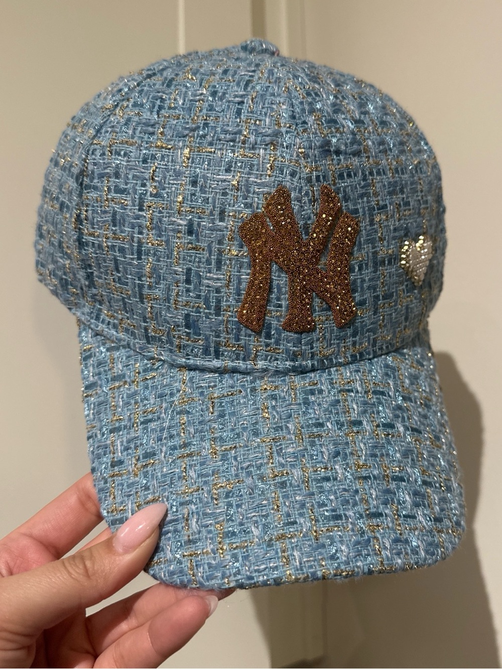 Blue Tweed Baseball Cap with Gold Glitter NY New York Yankees Patch